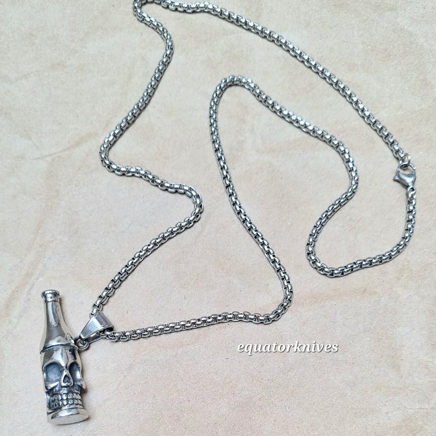 Kalung Stainless Steel bandul botol tengkorak skull anti karat panjang 68 cm